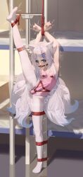 1girl absurdres amadeus_frost animal_ear_fluff animal_ears armpits ball_gag bare_shoulders bdsm blue_eyes blue_hair bondage bound bound_arms breasts egg_vibrator fox_ears fox_tail gag gagged highres kitsune kyuubi leotard long_hair looking_at_viewer multicolored_hair multiple_tails original pantyhose pink_leotard restrained sex_toy shibari shibari_over_clothes small_breasts solo split standing standing_on_one_leg standing_split streaked_hair sweat tail very_long_hair vibrator white_hair white_pantyhose wiffle_gag