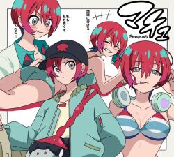 1girl amate_yuzuriha aqua_eyes aqua_panties aqua_shirt artist_name ass black_hat blush bra breasts casual closed_eyes closed_mouth collared_shirt commentary embarrassed emya26 grin gundam gundam_gquuuuuux hair_between_eyes haro hat headphones headphones_around_neck lying on_stomach panties red_hair school_uniform shirt short_hair smile solo swimsuit tongue tongue_out translation_request twitter_username underwear wavy_mouth