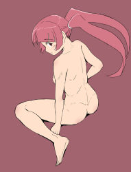 1girl blush female_focus from_behind kubocha long_hair looking_back nude original red_hair simple_background sitting solo