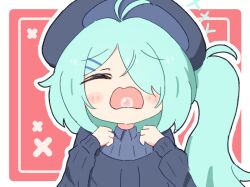 1girl antenna_hair blue_archive blush cabbie_hat commentary_request hair_ornament hair_over_one_eye hairclip halo hat hiyori_(blue_archive) no_scarf open_mouth side_ponytail solo star_halo sweater umihio