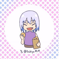 animated animated_gif bag belt blue_streaks brown_belt chewing eating eating_donut food food_on_face holding holding_bag holding_food hoozuki_suigetsu licking_lips male_focus naruto_(series) naruto_shippuuden polka_dot polka_dot_background purple_eyes purple_shirt shirt sleeveless sleeveless_shirt solo spiked_hair tongue tongue_out tooth_sticking_out_of_mouth white_hair yoshiya0909
