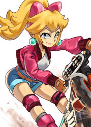 Rule 34 | 1girl, blonde hair, blue eyes, dress, earrings, fingerless gloves, gloves, highres, jacket, jewelry, lips, long sleeves, mario (series), mario kart, mario kart world, motor vehicle, motorcycle, moxydraws, nintendo, pink dress, ponytail, princess peach, princess peach (touring), shorts, thigh strap, white background