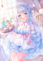 1girl :d apron bare_shoulders belt_bow blue_dress blue_eyes blue_hair blush bow bowtie breasts brick_wall bush cafe center_frills chair cherry cleavage collar commentary_request crazy_straw dated detached_sleeves dot_nose dress dress_flower drinking_straw feet_out_of_frame floating_hair flower food frilled_apron frilled_collar frilled_gloves frilled_sleeves frills fruit glint gloves hair_bun hair_flower hair_ornament hair_over_shoulder hand_up hanging_light heart-shaped_mirror heart_straw highres holding holding_tray ice_cream ice_cream_float indie_virtual_youtuber indoors knees_together_feet_apart lens_flare light_bulb light_particles long_hair looking_at_viewer maid medium_breasts mirror omochi_monaka one_side_up open_mouth petticoat pink_bow pink_bowtie pink_flower pudding sidelocks signature skirt_hold smile solo spoon sunlight suzushiro_ramune tablecloth tray very_long_hair virtual_youtuber waist_apron white_apron white_gloves wooden_floor yellow_flower