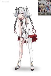 1girl absurdres bad_source black_eyes breasts camellya_(wuthering_waves) camellya_mascot_(meme) chimaera_scre closed_mouth dress earrings full_body gold_earrings hair_between_eyes hair_vines high_heels highres jewelry looking_afar looking_ahead medium_breasts meme open-toe_shoes pantyhose photo-referenced red_pupils screenshot_inset shoes short_hair short_twintails simple_background single_leg_pantyhose smile solo toes twintails twitter_username white_background white_dress white_hair white_pantyhose white_shoes wuthering_waves