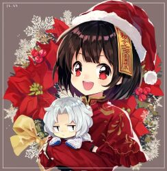 1boy 1girl black_eyes black_hair capelet carrying carrying_person chibi child closed_mouth dated flower grey_background hat holding_chibi holly jiangshi kuroda_(kuro_yyy) long_hair long_sleeves looking_at_viewer ofuda open_mouth original poinsettia red_capelet red_eyes red_flower red_hat red_shirt rei_(kuroda_(kuro_yyy)) ribbon santa_hat shirt short_hair single_sleeve_past_wrist smile snowflakes teeth upper_body upper_teeth_only white_hair yellow_ribbon