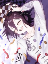 Rule 34 | 1boy, blush, buttons, checkered neckerchief, closed eyes, confetti, danganronpa (series), danganronpa v3: killing harmony, double-breasted, hair between eyes, happy, highres, kuro (q6 oxo), lying, male focus, neckerchief, oma kokichi, on back, smile, solo, teeth, unworn neckerchief, upper teeth only