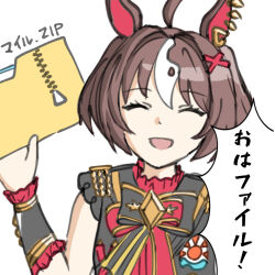 Rule 34 | 1girl, ahoge, animal ears, breasts, brown hair, closed eyes, commentary request, dabai0706, english text, folder, gran alegria (umamusume), hair between eyes, hair ornament, highres, horse ears, looking at viewer, medium breasts, medium hair, portrait, ribbon, simple background, translation request, umamusume, waving, white background, x hair ornament