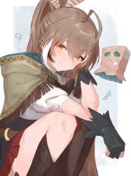Rule 34 | 1girl, absurdres, ahoge, arm behind head, belt, brown capelet, brown cloak, brown eyes, brown hair, capelet, cloak, feather hair ornament, feathers, friend (nanashi mumei), gloves, hair ornament, hairclip, head rest, hieroglyphics, highres, hololive, hololive english, hood, hooded cloak, kneehighs, long hair, looking at viewer, multicolored hair, nanashi mumei, nanashi mumei (1st costume), partially fingerless gloves, pleated skirt, ponytail, red skirt, ribbon, rokosannn, runes, single kneehigh, single sock, single thighhigh, skirt, smile, socks, streaked hair, thighhighs, very long hair, virtual youtuber