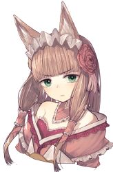 1girl absurdres animal_ear_fluff animal_ears bare_shoulders blunt_bangs blush brown_hair closed_mouth collar commentary_request commission cropped_torso flat_chest flower fox_ears fox_girl frilled_collar frilled_jacket frilled_shirt frills front_ponytail green_eyes hair_flower hair_ornament hair_over_shoulder highres jacket light_frown long_hair looking_at_viewer maho_(princess_connect!) off_shoulder pink_jacket portrait princess_connect! red_flower red_rose red_shirt riuichi rose shirt simple_background skeb_commission solo white_background white_headdress