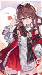 1girl :d bare_shoulders beret boo_tao_(genshin_impact) brown_collar brown_hair brown_scarf brown_thighhighs bug butterfly chinese_clothes claw_pose collar dress eyewear_on_head flat_chest flower flower-shaped_pupils funa_(sakana) genshin_impact ghost hair_between_eyes hair_rings hat highres hu_tao_(cherries_snow-laden)_(genshin_impact) hu_tao_(genshin_impact) insect jewelry long_hair long_sleeves looking_at_viewer multicolored_shrug multiple_rings off_shoulder official_alternate_costume open_mouth plum_blossoms red-tinted_eyewear red_eyes red_nails red_shrug red_skirt ring round_eyewear scarf shrug_(clothing) skirt sleeveless smile solo sunglasses symbol-shaped_pupils tassel thighhighs tinted_eyewear twintails white_hat white_shrug white_sleeves