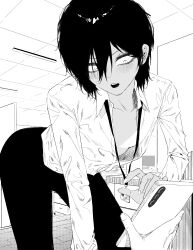 Rule 34 | 1girl, absurdres, blush, ceiling, cellphone, collarbone, collared shirt, dark-skinned female, dark skin, desk, downblouse, embarrassed, hair between eyes, highres, holding, holding phone, id card, indoors, lanyard, leaning forward, long sleeves, no bra, office lady, open clothes, open shirt, original, pants, parted lips, phone, shirt, shirt tucked in, short hair, smartphone, solo, tanline peek, teeth, tile ceiling, tiles, tyrezal, upper teeth only