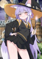1girl :3 animal_ear_fluff animal_ears black_skirt blue_eyes blush fox_ears fox_girl fox_tail hair_ornament hair_rings hat heterochromia highres hogwarts_school_uniform hufflepuff looking_at_viewer multicolored_hair necktie oldsickkim pleated_skirt pom_pom_(clothes) pom_pom_hair_ornament purple_hair purple_tail school_uniform skirt stellive streaked_hair tail tenko_shibuki two-tone_tail virtual_youtuber wand white_hair witch_hat yellow_eyes yellow_necktie