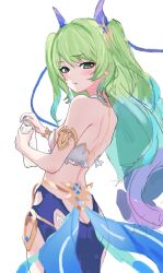 1girl arin_(1010_ssu) ass back backless_outfit bikini bikini_top_only blue_nails bottle breasts butt_crack green_eyes green_hair hair_ornament highres holding honkai_(series) honkai_impact_3rd long_hair looking_at_viewer looking_back medium_breasts mobius_(daughter_of_corals)_(honkai_impact) mobius_(honkai_impact) nail_polish simple_background slit_pupils solo swimsuit twintails very_long_hair water_bottle white_background white_bikini