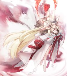1girl animal_ear_fluff animal_ears blonde_hair breasts cleavage extra_ears fate/grand_order fate_(series) fox_ears fox_girl fox_tail full_body fur-trimmed_kimono fur_trim hair_between_eyes hair_over_face headpiece highres japanese_clothes kimono kitsune koyanskaya_(fate) koyanskaya_(lostbelt_beast:iv)_(fate) large_breasts long_hair multiple_animal_ears multiple_tails rope shoori_(migiha) smile tail tamamo_(fate) tiptoes very_long_hair white_kimono yellow_eyes