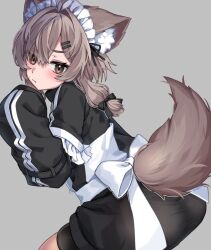 1girl ahoge animal_ear_fluff animal_ears apron ass bike_shorts black_bow black_jacket black_shorts blush bow brown_eyes brown_hair closed_mouth from_behind grey_background hair_between_eyes hair_bow hair_intakes hair_ornament hairclip hand_up jacket long_hair long_sleeves looking_at_viewer looking_back mafuyu_(vrchat) maid maid_apron maid_headdress medium_hair pantylines shorts simple_background sleeves_past_fingers sleeves_past_wrists solo tail track_jacket tsubakiya_setsuna unconventional_maid vrchat white_apron white_bow wolf_ears wolf_tail