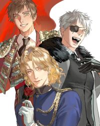 3boys armor artist_name axis_powers_hetalia black_gloves black_necktie black_vest blonde_hair blue_jacket brown_hair buttons chinese_commentary closed_mouth collared_shirt commentary_request eyepatch flower france_(hetalia) fur-trimmed_jacket fur_trim gloves green_eyes grey_hair grey_jacket hair_between_eyes hand_on_own_chest hand_up highres holding holding_flower jacket leather leather_gloves lips long_sleeves looking_at_viewer male_focus military_jacket military_uniform multiple_boys necktie open_clothes open_jacket open_mouth pink_eyes prussia_(hetalia) purple_eyes red_flag red_flower red_jacket red_rose red_sash rose sash scar scar_on_face shirt short_hair simple_background smile spain_(hetalia) striped_clothes striped_shirt tan teeth tongue upper_body v-shaped_eyebrows vertical-striped_clothes vertical-striped_shirt vest white_background white_gloves white_shirt zhongerweiyuan