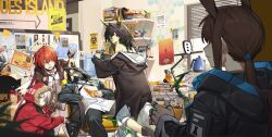 ... 1other 2001_a_space_odyssey 4girls absurdres amiya_(arknights) animal_ears black_gloves black_hair black_jacket blade_runner_(series) blade_runner_2049 blush brown_hair caught doctor_(arknights) dress dropping electric_kettle english_text exusiai_(arknights) exusiai_the_new_covenant_(arknights) fingerless_gloves from_behind gloves green_eyes grey_hair hair_over_one_eye halo highres hood hood_down hooded_jacket interstellar_(movie) jacket jeff_(marvel) jewelry kettle la_la_land long_hair long_sleeves looking_at_viewer marvel mask medium_hair mon3tr_(arknights) mouth_mask multiple_girls multiple_rings originite_prime_(arknights) orundum_(arknights) paper_stack pen ponytail prank projekt_red_(arknights) rabbit_ears rabbit_girl red_hair red_jacket ring sharknado sidelocks sleeping spoken_ellipsis sweat the_shining walk-in white_dress wide_sleeves wings wolf_girl wushier