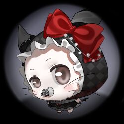 animal animal_focus argyle_clothes bat_wings beads black_border black_cloak black_dress black_wings border bow brown_eyes cat chinese_commentary cloak clothed_animal commentary_request detached_wings dress ear_covers eeeestella frilled_cloak frilled_dress frilled_hood frills grey_background hallway hat hat_bow highres hood hood_up hooded_cloak indoors infinity_nikki light_blush lips looking_at_viewer meme mini_wings momo_(nikki) neck_ribbon nikki_(series) no_bitches?_(meme) no_humans official_alternate_costume pacifier red_bow red_ribbon ribbon round_border solo white_cat wings