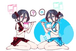 2girls ? aris_(blue_archive) barefoot black_hair black_shirt black_skirt blue_archive blue_eyes blue_skirt blush bow closed_mouth crop_top cup double_bun dress flat_chest food full_body hair_between_eyes hair_bow hair_bun halo heart holding holding_cup holding_spoon jitome kei_(blue_archive) loli looking_at_viewer midriff multiple_girls navel pink_eyes sailor_collar shaved_ice shirt simple_background sitting skirt sleeveless sleeveless_dress sleeveless_shirt smile speech_bubble spoken_question_mark spoon toes tongue tongue_out v-shaped_eyebrows wariza white_background white_shirt yoru_nai