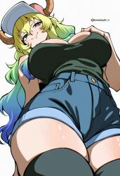 1girl absurdres bare_arms baseball_cap black_tank_top black_thighhighs blonde_hair blue_eyes blue_hair blue_shorts breasts closed_mouth commentary cowboy_shot denim denim_shorts dragon_horns from_below gradient_hair green_eyes green_hair hand_on_own_chest hat heterochromia highres horns kobayashi-san_chi_no_maidragon komatsuki_n large_breasts looking_at_viewer lucoa_(maidragon) multicolored_hair pink_hat shirt_tucked_in shorts simple_background smile solo standing tank_top thighhighs twitter_username white_background yellow_pupils