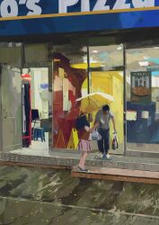 1boy 1girl child faceless faceless_male highres holding holding_umbrella open_door original poster_(object) rain restaurant scenery shop slow_d stool transparent transparent_umbrella umbrella wet_floor window
