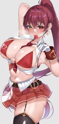 1girl absurdres arm_behind_back arm_up between_breasts black_thighhighs blush breasts candy cleavage collarbone crop_top crossed_bangs food garter_straps gloves grey_background hair_between_eyes heterochromia highres holding holding_candy holding_food holding_lollipop hololive houshou_marine kshimu large_breasts licking lollipop looking_at_viewer navel necktie necktie_between_breasts open_clothes open_shirt ponytail red_eyes red_necktie red_skirt shirt simple_background skirt solo standing thighhighs tongue tongue_out underboob virtual_youtuber white_gloves white_shirt wrist_cuffs yellow_eyes