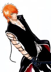 Rule 34 | 1boy, alpen no koyari, arms at sides, bankai, black gloves, black hakama, bleach, brown eyes, chain, chain around arm, closed mouth, collarbone, commentary request, cowboy shot, dutch angle, eyebrows hidden by hair, fighting stance, frown, gloves, hair between eyes, hair over one eye, hakama, highres, holding, holding sword, holding weapon, japanese clothes, katana, kubo tite (style), kurosaki ichigo, long sleeves, looking at viewer, male focus, medium hair, muscular, muscular male, official style, one eye covered, orange hair, shihakusho, simple background, solo, spiked hair, sword, tensa zangetsu (bankai), torn clothes, weapon, white background