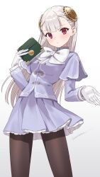 1girl book bow brown_pantyhose capcom_fighting_jam gloves hairpods highres holding holding_book ingrid_(capcom) long_hair miniskirt pantyhose ponkichi_(hazama_senkonmeiraku) purple_skirt red_eyes skirt solo white_bow white_gloves white_hair