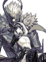 2boys absurdres foul_legacy_transformation hand_on_another&#039;s_waist highres multiple_boys official_alternate_costume rex_lapis_(genshin_impact) sitting sitting_on_lap sitting_on_person size_difference tartali.club white_background yaoi yzszy zhongli_(archon)_(genshin_impact) zhongli_(genshin_impact)
