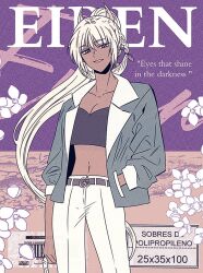 breasts cleavage collarbone cover dark-skinned_female dark_skin earan_(mabinogi) hand_in_pocket hangyonim heterochromia mabinogi magazine_cover navel pants ponytail smile white_pants