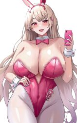 1girl animal_ear_fluff animal_ears animated animated_gif bare_shoulders blinking blush bouncing_breasts bow bowtie breasts cellphone cleavage collar collarbone commentary covered_navel fangs fingernails goddess_of_victory:_nikke gradient_hair groin hair_ornament hairband hand_on_own_hip holding holding_phone horns huge_breasts jasony leotard light_brown_hair long_hair looking_at_viewer multicolored_hair nail_polish open_mouth pantyhose phone pink_bow pink_bowtie pink_eyes pink_hairband pink_horns pink_leotard playboy_bunny purple_nails rabbit_ears simple_background smartphone smile solo strapless strapless_leotard sweat teeth upper_teeth_only viper_(nikke) viper_(toxic_rabbit)_(nikke) white_background white_collar white_pantyhose white_wrist_cuffs wide_hips wrist_cuffs
