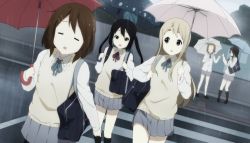 5girls =_= absurdres akiyama_mio anime_coloring bag black_hair black_legwear blonde_hair blue_eyes blue_umbrella brown_eyes brown_hair chestnut_mouth closed_eyes commentary_request hair_ornament hairband hairclip highres hirasawa_yui ho-kago_tea_time k-on! kicchi_(tmgk) kotobuki_tsumugi long_hair multiple_girls nakano_azusa o_o open_mouth outdoors pink_umbrella rain red_umbrella ribbon school_bag school_uniform short_hair skirt stairs tainaka_ritsu thick_eyebrows twintails umbrella white_umbrella