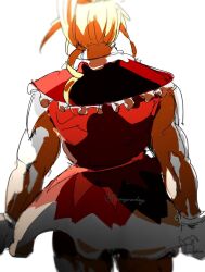 Rule 34 | 1girl, alternate form, back, biscuit krueger, blonde hair, capelet, commentary request, cowboy shot, dress, frilled capelet, frills, gloves, highres, hunter x hunter, imamuu (imamoon), muscular, muscular female, simple background, sleeveless, solo, twitter username, white background, white gloves