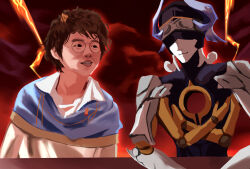 Rule 34 | 2boys, ancient greek clothes, brown hair, commentary request, creator and creation, eye mask, glasses, greco-roman clothes, highres, hole in chest, hole on body, honkai: star rail, honkai (series), lygus (honkai: star rail), male focus, multiple boys, open mouth, real life, red sky, robot, shaoji, short hair, sky, teeth, yu da yu da