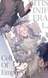 Rule 34 | 3boys, black jacket, black pants, blood, blue hair, capelet, commentary request, copyright name, dark blue hair, flower, gold trim, harada minoru, hatsutori hajime, head out of frame, highres, holding, holding puzzle piece, jacket, jigsaw puzzle, latin text, long hair, male focus, msm2311, multiple boys, open clothes, open jacket, pants, parted bangs, pink hair, purple flower, purple sweater, puzzle, puzzle piece, ribbed sweater, rose, saibou shinkyoku, shirt, sweater, utsugi noriyuki, white capelet, white flower, white rose, white shirt