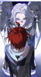Rule 34 | 4boys, ahoge, aotsuki eito, binxngchng1, clone, different reflection, drawstring, from above, glasses, grey hair, grey jacket, highres, hood, hoodie, indoors, jacket, leaning forward, looking at another, looking at mirror, male focus, mirror, multicolored jacket, multiple boys, parted lips, purple eyes, red hair, reflection, short hair, sink, sketch, smile, spoilers, sumino takumi, the hundred line -last defense academy-, two-tone jacket, white jacket