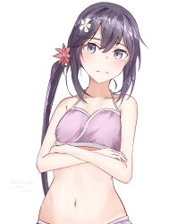 1girl absurdres akebono_(kancolle) akebono_kai_ni_(kancolle) akebono_kai_ni_(swimsuit)_(kancolle) bare_shoulders bell bikini blush collarbone dated flower hair_bell hair_between_eyes hair_flower hair_ornament highres jingle_bell kantai_collection lesoa long_hair looking_at_viewer midriff navel pink_bikini purple_eyes purple_hair side_ponytail signature simple_background solo swimsuit twitter_username wavy_mouth white_background
