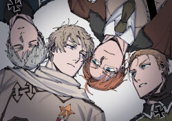 4boys ahoge america_(hetalia) arrow_(symbol) axis_powers_hetalia belt black-framed_eyewear black_belt black_gloves black_shirt blonde_hair blue_eyes blue_jacket breast_pocket brown_jacket closed_eyes closed_mouth coat collared_coat collared_jacket collared_shirt commentary_request cross donki_(dnkfuaka1) fur-trimmed_jacket fur_trim germany_(hetalia) glasses gloves green_jacket green_necktie grey_coat grey_hair highres iron_cross jacket looking_at_another lying male_focus medal military_jacket military_uniform multiple_boys necktie on_back open_clothes open_jacket orange_hair pocket prussia_(hetalia) purple_eyes russia_(hetalia) scarf semi-rimless_eyewear shirt short_hair simple_background star_ornament teeth upper_body v-shaped_eyebrows white_background white_scarf white_shirt