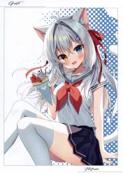 :d absurdres aina_rive animal_ears antenna_hair arm_support artbook blue_eyes blush brown_eyes cat_ears cat_girl cat_tail crepe crossed_bangs food fruit grey_hair guest_art hair_intakes hair_ribbon head_tilt highres holding holding_crepe holding_food looking_at_viewer magazine_scan mauve non-web_source open_mouth original pleated_skirt pocky polka_dot polka_dot_background red_ribbon ribbon sailor scan self-scan skirt smile strawberry tail thighhighs white_thighhighs zettai_ryouiki