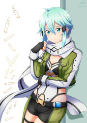 1girl arm_under_breasts black_shorts blue_eyes blue_hair breasts chaps cleavage closed_mouth clothing_cutout commentary cowboy_shot cropped_jacket drop_shadow fingerless_gloves gloves green_jacket hair_between_eyes hair_ornament hairclip hand_up highres jacket ken-ji long_sleeves looking_at_viewer medium_breasts open_clothes open_jacket scarf shadow short_hair short_shorts shorts side_cutout sidelocks signature sinon smile solo standing sword_art_online twitter_username white_scarf