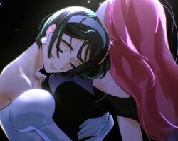 2girls alien_stage black_hair closed_eyes closed_mouth commentary cropped english_commentary hairband highres hug long_hair mizi_(alien_stage) multiple_girls neck_tattoo pink_hair roru_(lol_dessin) short_hair smile star_(sky) sua_(alien_stage) tattoo white_hairband