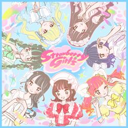 6+girls album_cover animal_ears animification aoi_natsuha arched_bangs black_eyes black_hair blonde_hair blue_border blue_dress blue_necktie blunt_bangs border bow bowtie braid brown_hair cat_ears circle_formation closed_mouth clothing_cutout comcomblue commentary cover dress fake_animal_ears finger_to_mouth fish frilled_hairband frilled_sleeves frills green_bow green_bowtie green_dress group_name hair_bow hairband hand_up hands_up hat highres idol idol_clothes index_finger_raised jewelry long_hair looking_at_viewer medium_hair mob_cap multiple_girls nagisa_kiko necktie official_art one_eye_closed open_mouth otoha_yume own_hands_together pink_bow pink_bowtie pink_dress pink_hair puffy_short_sleeves puffy_sleeves purple_dress purple_hair purple_necktie real_life red_bow red_bowtie red_dress ring shinomiya_saaya short_sleeves shoulder_cutout smile sparkle strawberry_girls_(idol_group) takanashi_yui_(person) tsukino_ami twin_braids twintails wavy_hair white_bow white_dress white_hairband white_hat white_necktie yamada_suzu yellow_bow yellow_bowtie yellow_dress