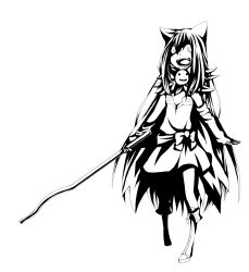 1girl alchemist_(ragnarok_online) animal_ears boots bow cape cat_ears cat_girl commentary_request crazy_eyes crazy_smile detached_sleeves dress flat_chest fold-over_boots full_body fur_collar greyscale high_contrast highres holding holding_lead_pipe lead_pipe long_hair meiko_(nattu303) monochrome open_mouth ragnarok_online sash simple_background smile solo strapless strapless_dress very_long_hair