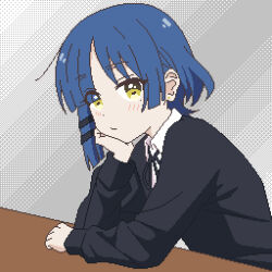 1girl black_ribbon black_sweater blue_hair blush bocchi_the_rock! closed_mouth collared_shirt commentary_request dithering dot_nose earrings eyes_visible_through_hair grey_background hair_ornament hairclip hand_on_own_cheek hand_on_own_chin hand_on_own_face head_rest highres jewelry looking_at_viewer mole mole_under_eye neck_ribbon partial_commentary pixel_art ribbon shirt short_hair solo sweater upper_body white_shirt yamada_ryo yellow_eyes yuru_kaze