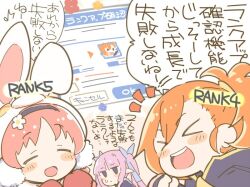&gt;_&lt; 3girls :d ^_^ animal_ears black_capelet blue_ribbon capelet closed_eyes closed_mouth commentary_request fake_animal_ears gameplay_mechanics hair_ribbon ito_ryo jitome kyoka_(princess_connect!) little_lyrical long_hair mimi_(princess_connect!) misogi_(princess_connect!) mittens multiple_girls open_mouth orange_hair pink_hair pink_mittens princess_connect! purple_eyes purple_hair rabbit_ears ribbon short_hair smile speech_bubble sweatdrop teeth translation_request twintails upper_teeth_only xd