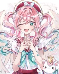 1girl ;o alternate_costume angel_wings aqua_bow aqua_bowtie aqua_eyes aqua_hair bow bowtie commentary crown highres honkai:_star_rail honkai_(series) hyacine_(honkai:_star_rail) little_ica_(honkai:_star_rail) long_hair looking_at_viewer one_eye_closed own_hands_together red_hair red_nails red_skirt school_uniform serafuku simple_background skirt symbol-only_commentary twintails upper_body white_background white_serafuku wings yuewishies