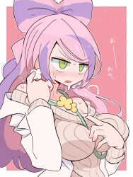 1girl between_breasts blush bow-shaped_hair breasts coat collarbone commentary_request creatures_(company) earrings eyeliner flower_earrings game_freak green_eyes highres hot jewelry kurachi_mizuki lab_coat large_breasts long_hair long_sleeves makeup miriam_(pokemon) multicolored_hair nintendo off-shoulder_sweater off_shoulder open_clothes open_coat pink_eyeliner pink_hair pokemon pokemon_sv pulling_own_clothes purple_hair solo steaming_body stethoscope strap_between_breasts streaked_hair sweat sweatdrop sweater swept_bangs translation_request upper_body v-shaped_eyebrows yellow_sweater