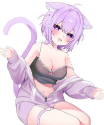 1girl ahoge animal_ear_fluff animal_ears black_camisole blush breasts camisole cat_cutout cat_ears cat_girl cat_tail cleavage clothing_cutout fang heart heart-shaped_pupils heart_o-ring highres hololive jacket large_breasts looking_at_viewer medium_hair negima_(le_ne38) nekomata_okayu nekomata_okayu_(membership) o-ring o-ring_thigh_strap official_alternate_costume open_mouth purple_eyes purple_hair purple_jacket purple_shorts shorts smile solo symbol-shaped_pupils tail thigh_strap two_side_up virtual_youtuber