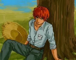 1boy alex_(degrees_of_lewdity) alex_(male)_(degrees_of_lewdity) belt black_pants blue_shirt brown_belt collared_shirt degrees_of_lewdity gongertouji grass green_eyes hat highres pants red_hair shirt short_hair sitting solo straw_hat tree unworn_hat unworn_headwear