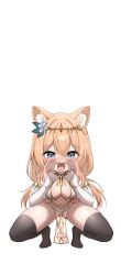1girl absurdres alternate_costume animal_ear_fluff animal_ears black_thighhighs blue_archive blue_eyes blush breasts bridal_gauntlets cat_ears dancer full_body highres long_hair mari_(blue_archive) medium_breasts navel no_halo no_shoes open_mouth orange_hair rinringyo solo teeth thighhighs tongue tongue_out transparent_background upper_teeth_only